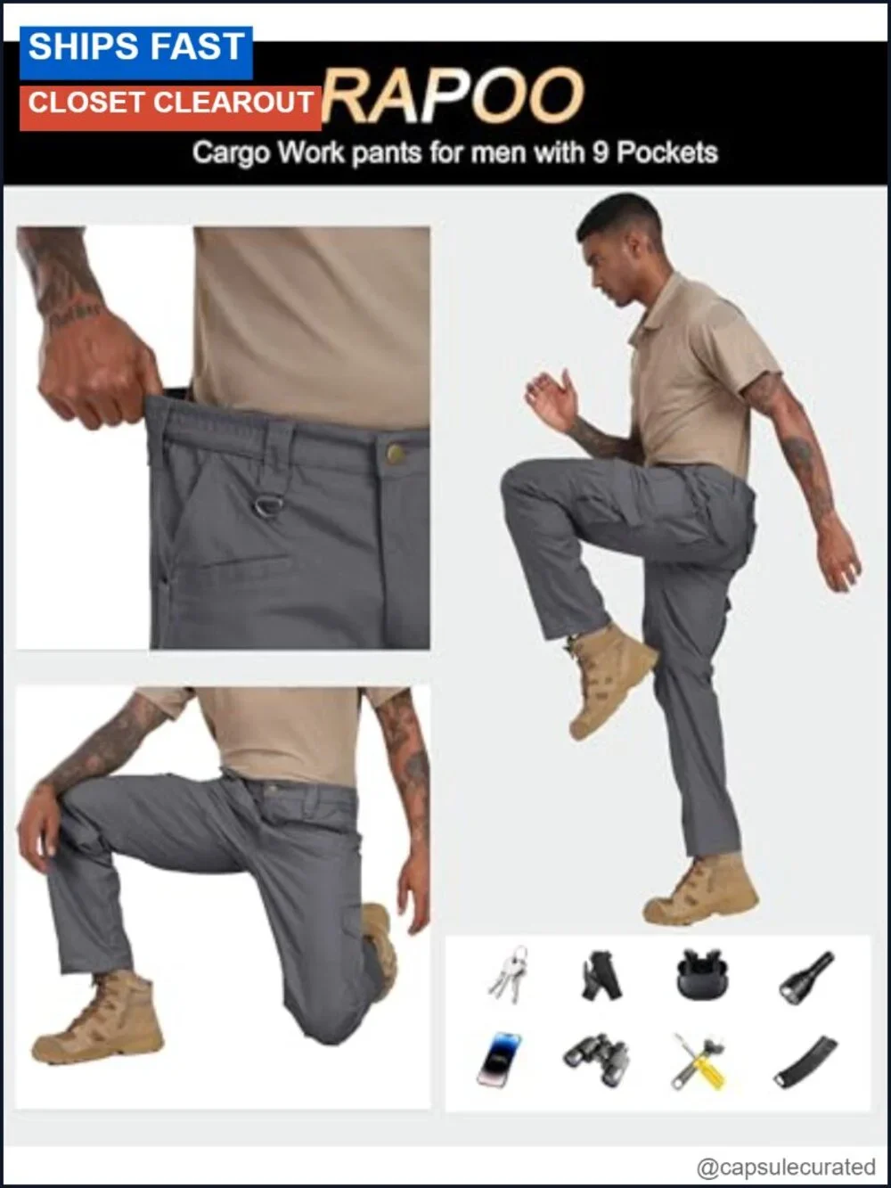 Men's Ripstop Cargo Pants 9 Pockets Tactical Hiking Work Pants